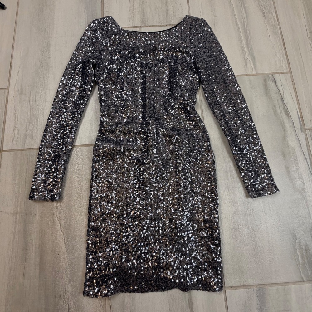 Aidan Mattox Womens‎ Silver Sequin Long Sleeve V-Back Mini Dress Size 2